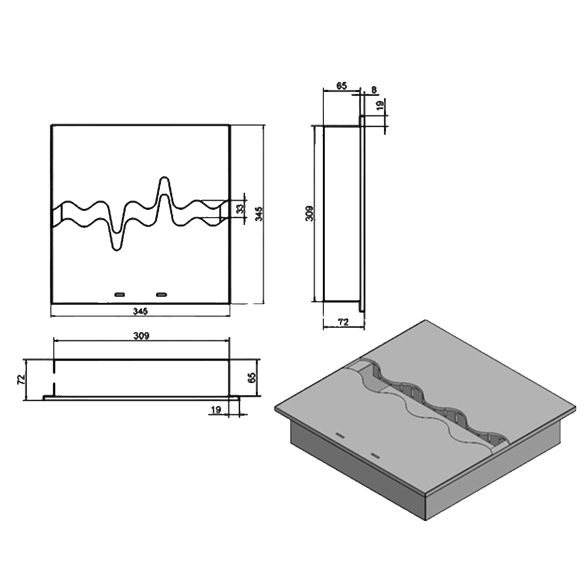 Wkład na bioetanol Fala 345×345 niesymetryczny inox Kami