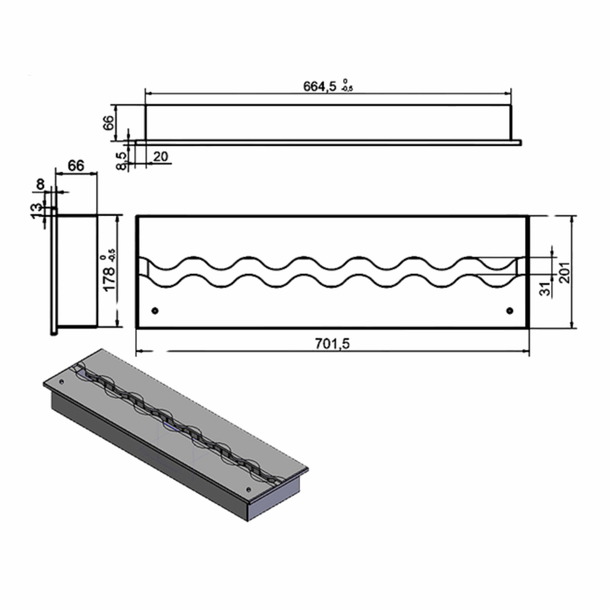 Wkład na bioetanol Linia 700×200 inox Kami