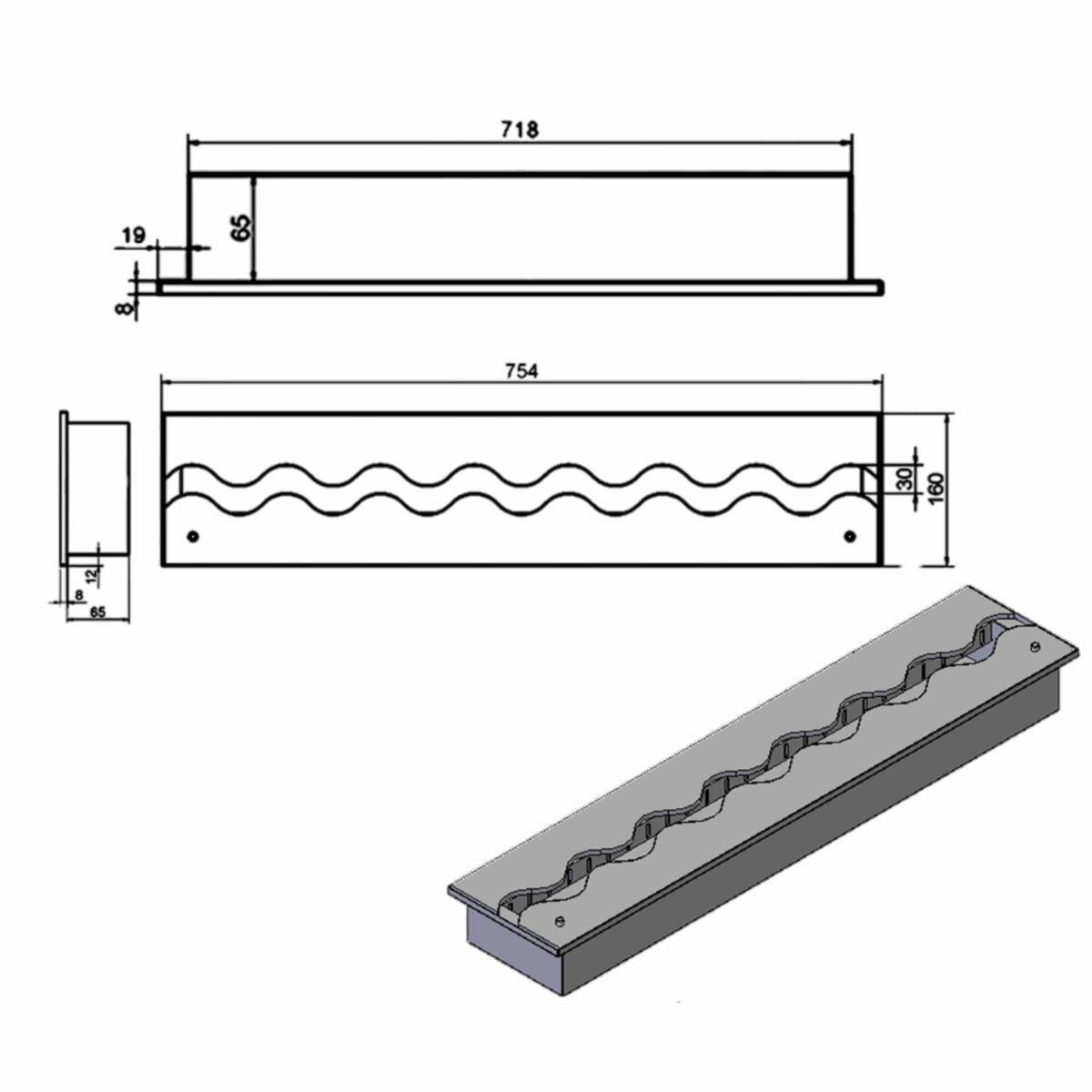 Wkład na bioetanol Fala 750×160 inox Kami