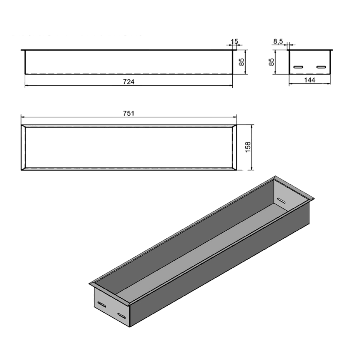 Wkład na bioetanol Fala 750×160 inox Kami