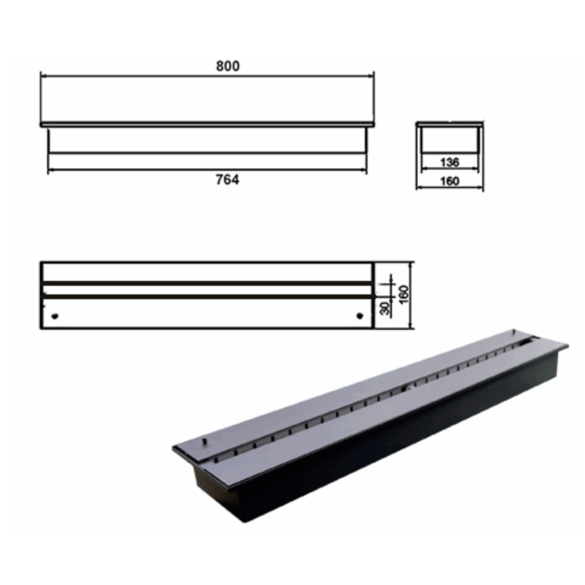 Wkład na bioetanol Linia 800×160 czarny Kami