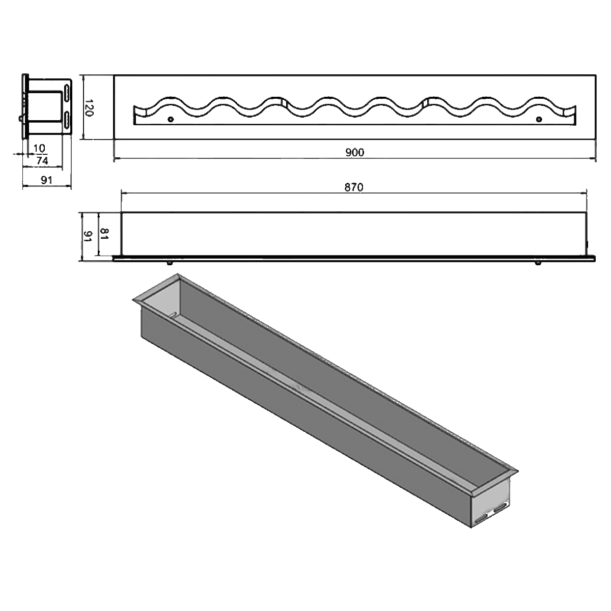 Wkład na bioetanol Fala 900×120 inox Kami