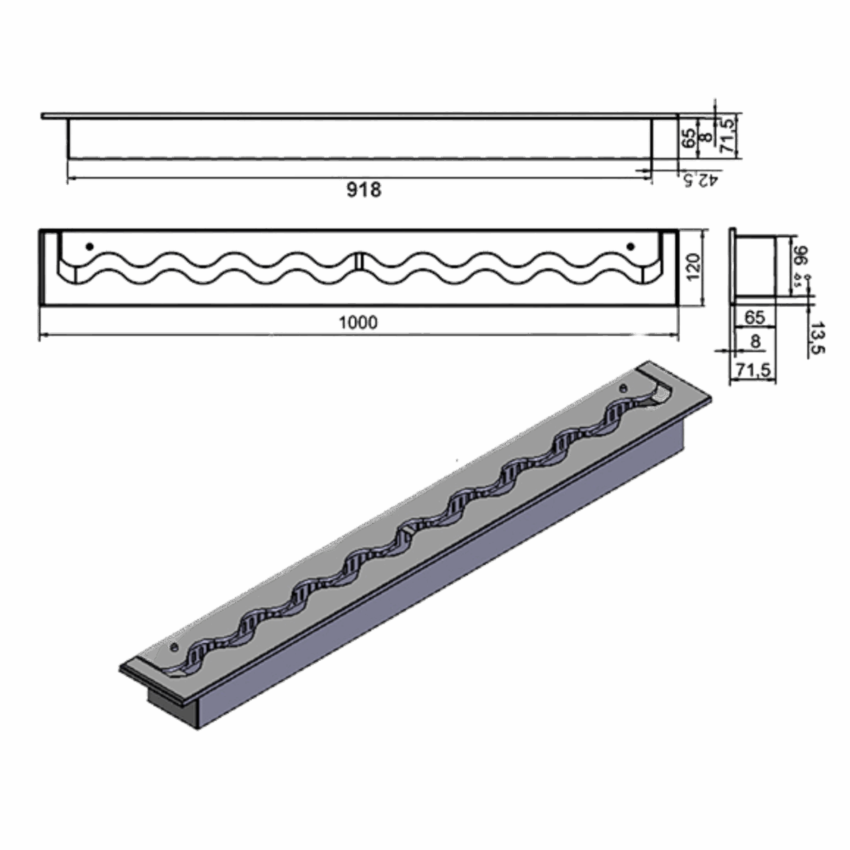 Wkład na bioetanol Fala 1000×120 inox Kami