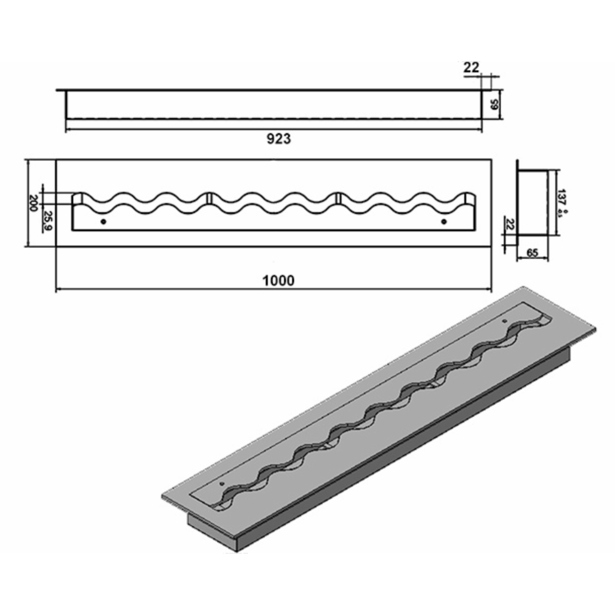 Wkład na bioetanol Fala 1000×200 inox Kami