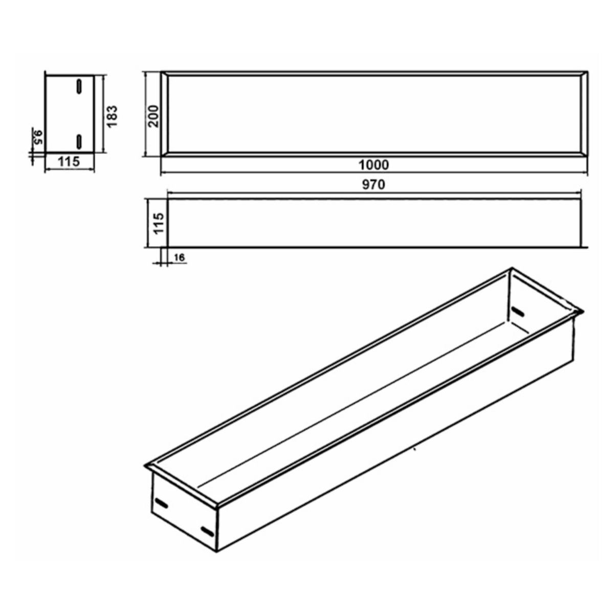Wkład na bioetanol Fala 1000×200 inox Kami