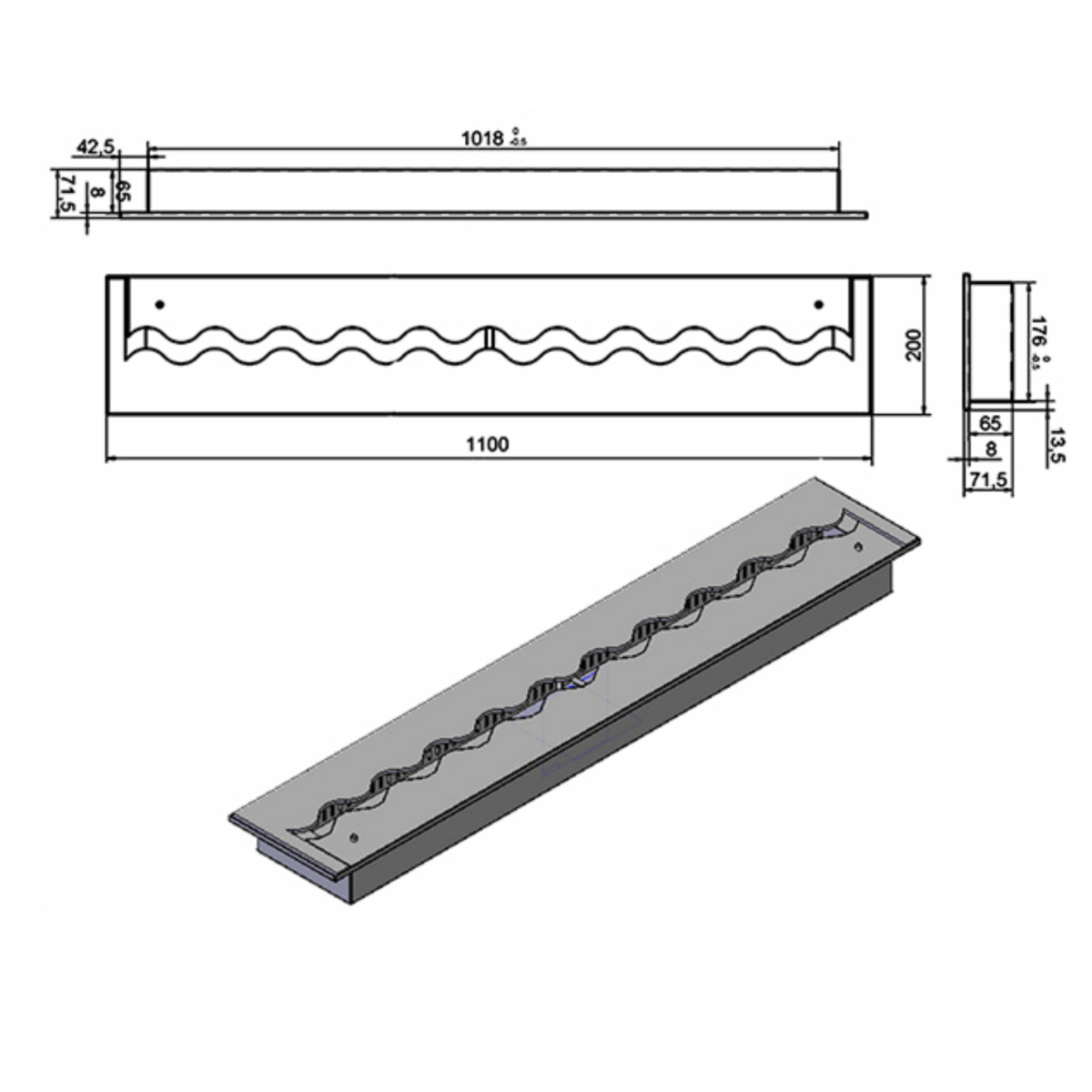 Wkład na bioetanol Fala 1100×200 inox Kami