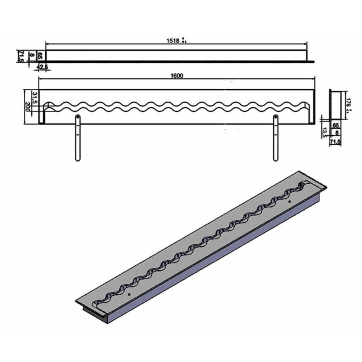 Wkład na bioetanol Linia 1600×200 inox Kami
