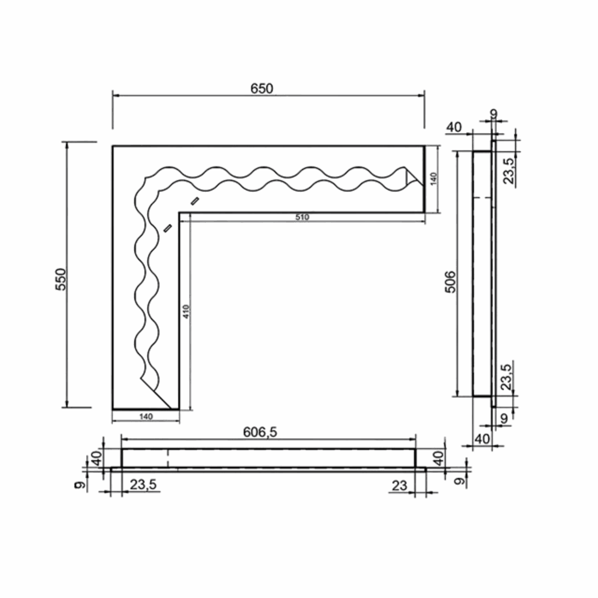 Wkład na bioetanol Fala Corner 650x550x140 czarny Kami