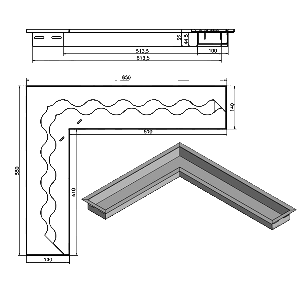 Wkład na bioetanol Fala Corner 650x550x140 czarny Kami