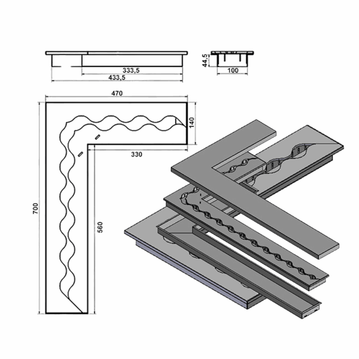 Wkład na bioetanol Fala Corner 700x470x160 czarny Kami