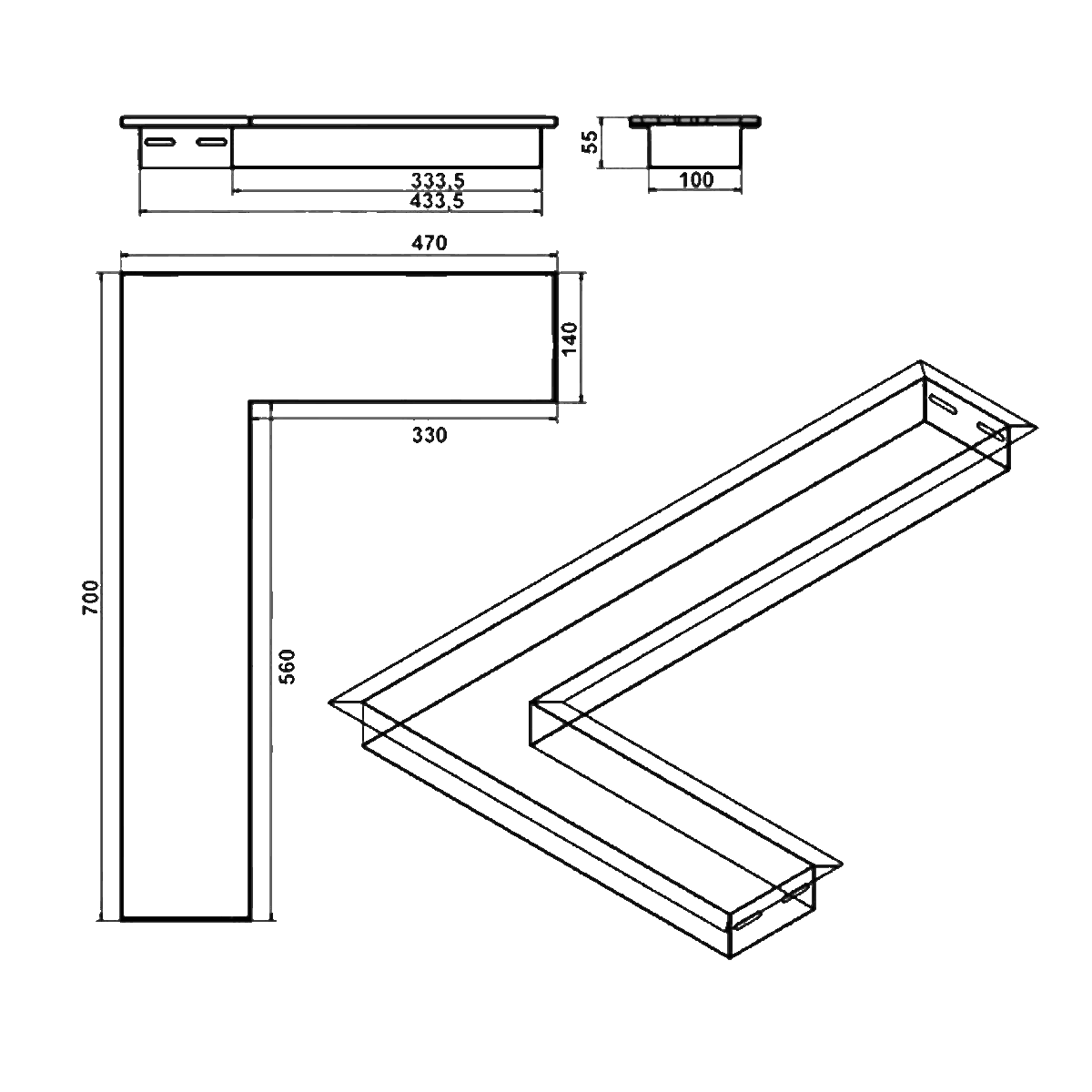 Wkład na bioetanol Fala Corner 700x470x160 czarny Kami