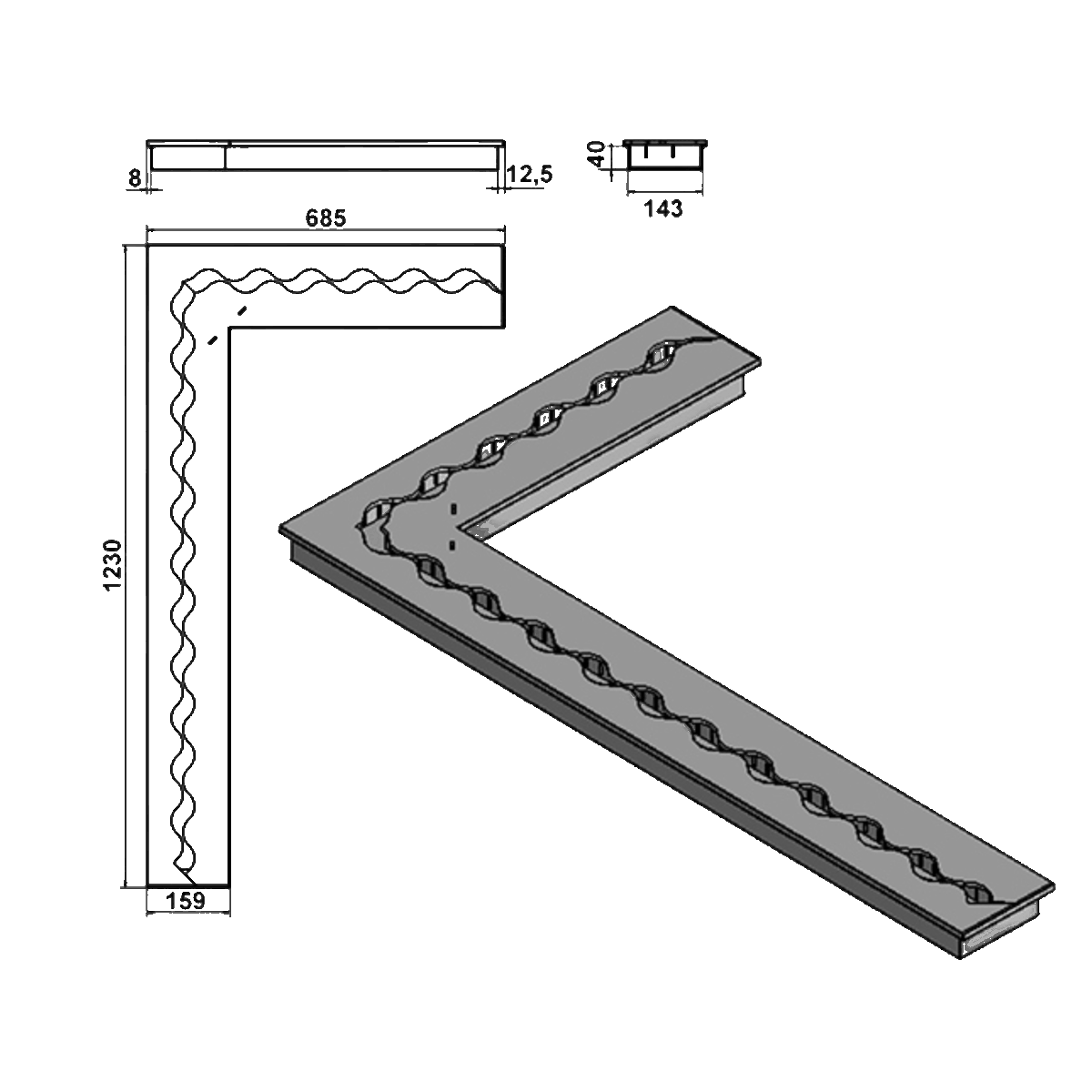 Wkład na bioetanol Fala Corner 1230x685x160 czarny Kami