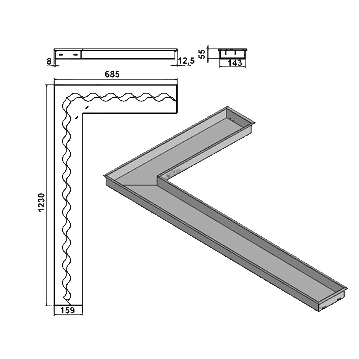 Wkład na bioetanol Fala Corner 1230x685x160 czarny Kami