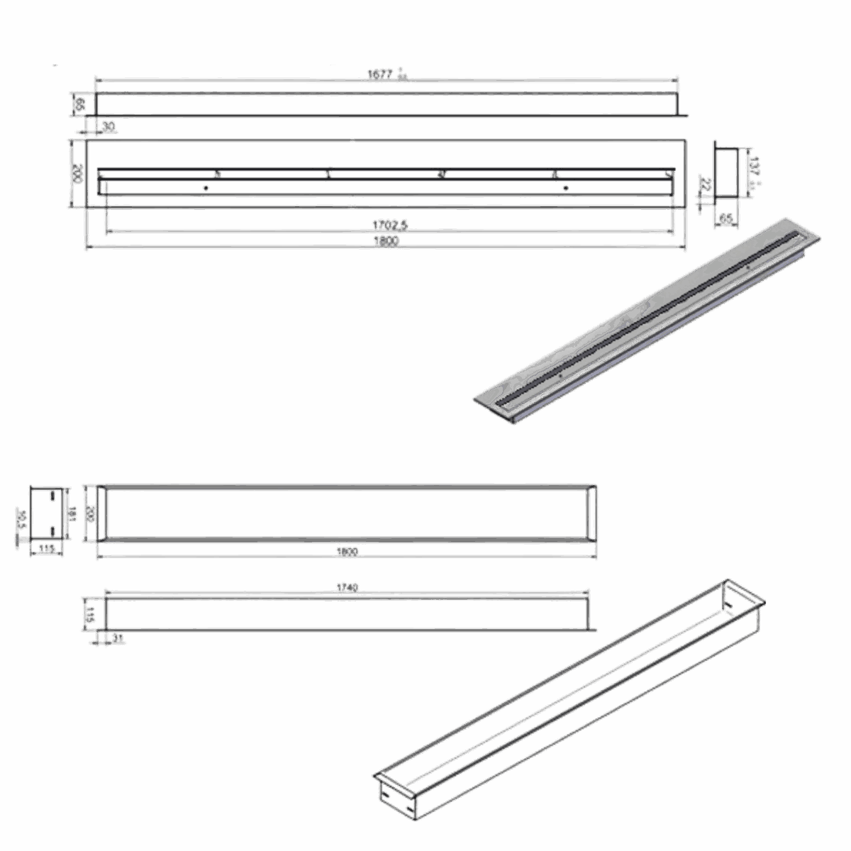 Wkład na bioetanol Fala 1800×200 czarny Kami